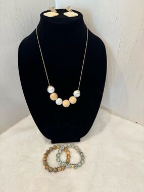 Boho Tan, Cream, Gray Stone Bead Necklace, Earrings and Bead stretch bracelets